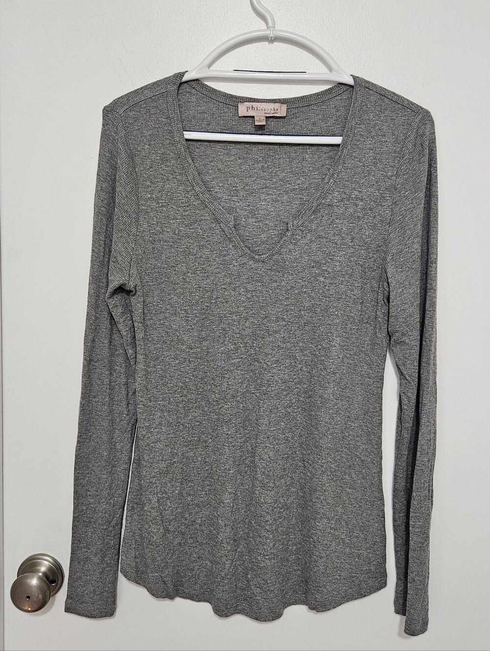 Philosophy Womens Heather Gray Long-Sleeve V-Neck Tee Size Large
